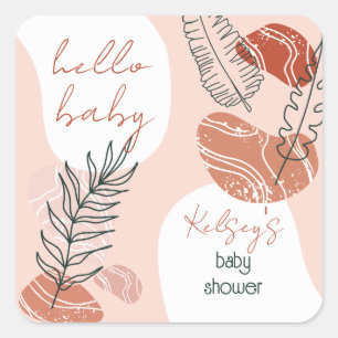 Boho Minimalist Hello Baby Shower Blush Square Sticker