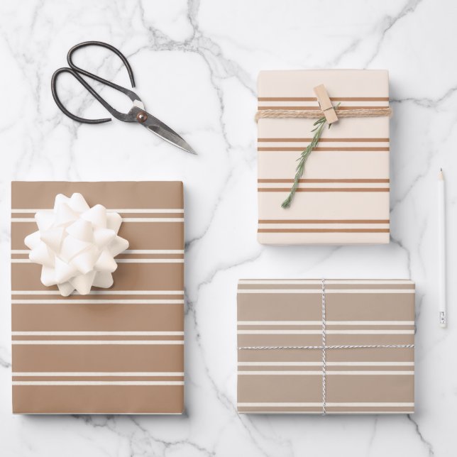 Boho Minimalist Modern Brown Gender Neutral Stripe Wrapping Paper Sheets (Front)