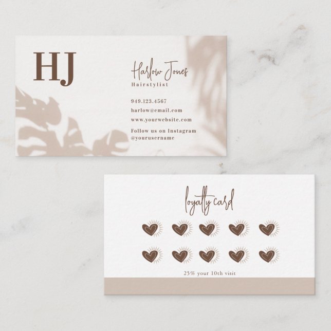 Boho Minimalist Monstera Leaf Shadow Loyalty Business Card (Front/Back)