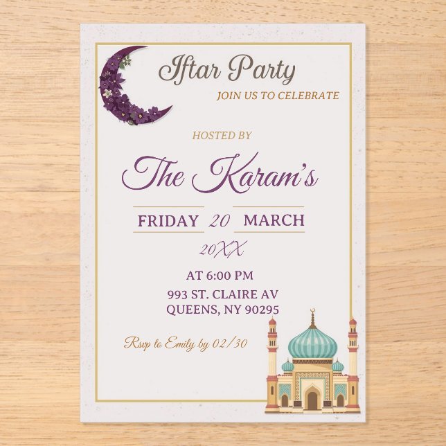 Boho  Minimalist Mosque Ramadan Iftar Party  Acrylic Invitations (Front)