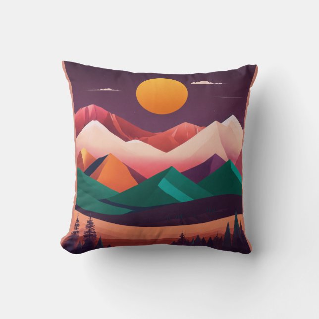 Boho Minimalist Mountain Landscape Art Throw Pillow (Front)