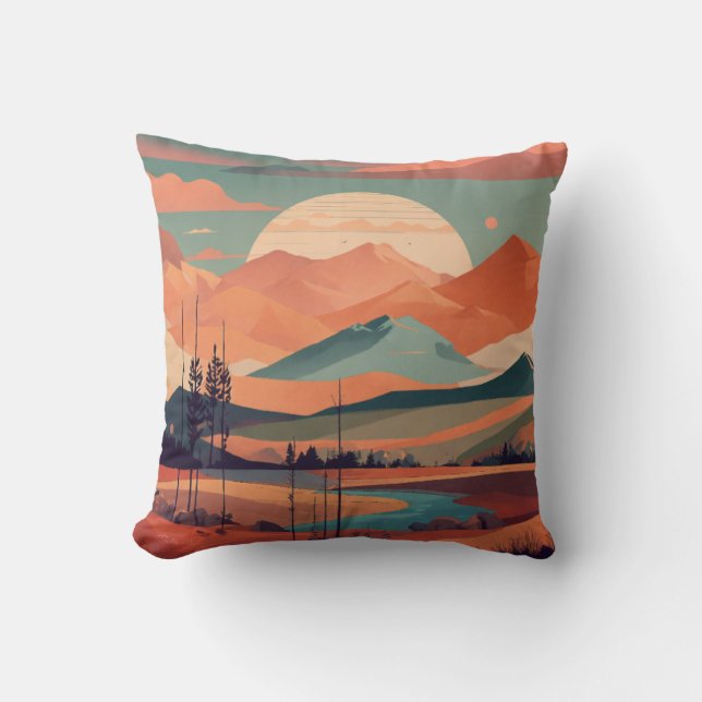 Boho Minimalist Mountain Landscape Design Throw Pillow (Front)