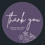 Boho Minimalist Purple Thank You Wedding Favor Classic Round Sticker<br><div class="desc">The Boho Minimalist Purple Thank You Wedding Favor Classic Round Sticker adds a soft yet sophisticated touch to wedding favors, perfect for couples who love romantic hues with a modern minimalist design. Featuring a beautiful purple background, delicate botanical accents, and a clean, elegant layout, this round sticker effortlessly complements boho,...</div>