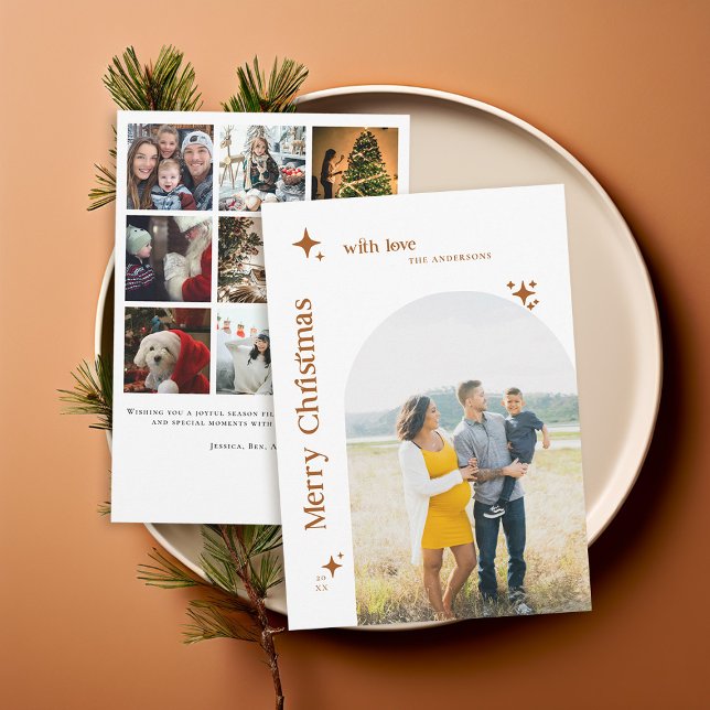 Boho Minimalist Retro Stars Photo Christmas Family Holiday Card (family christmas card photo collage modern minimalist elegant earthy terracotta boho arch vintage 70)