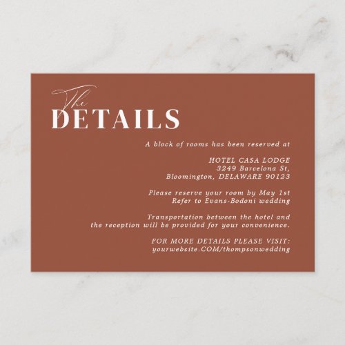 Boho Minimalist Rust Terracotta Wedding Details Enclosure Card