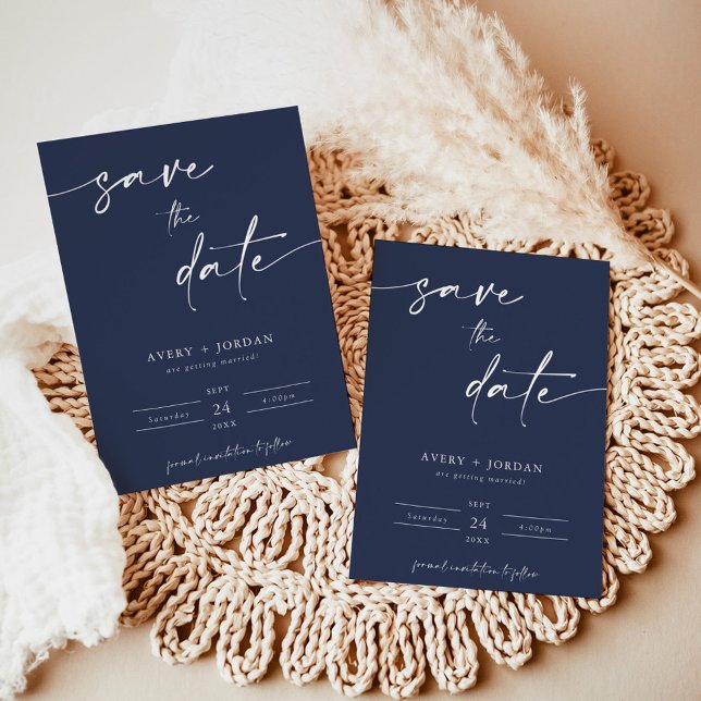 Boho Minimalist Save the Dates | Modern Navy Blue Invitation (Creator Uploaded)