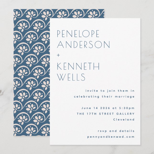 Boho Minimalist Scandinavian Blue Floral Wedding Invitation (Front/Back)