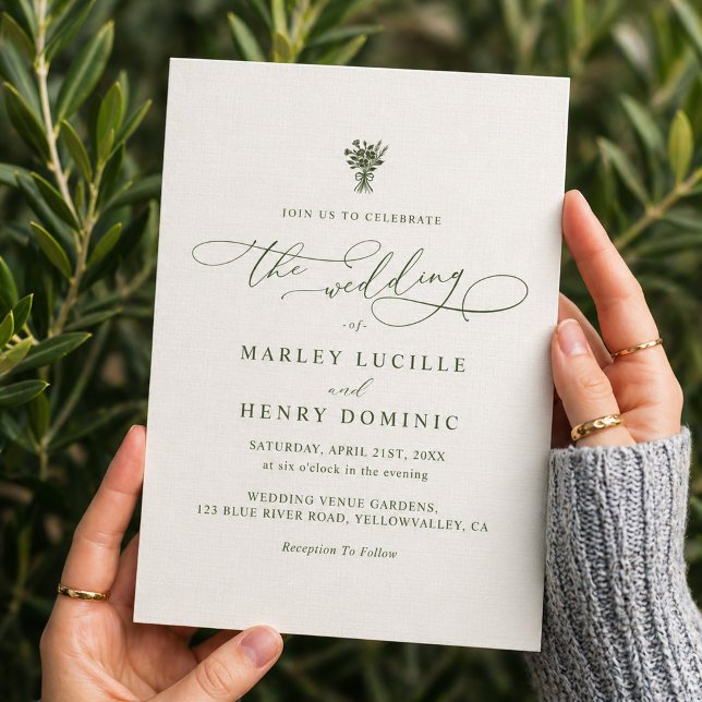 Boho Minimalist Script Olive Green Wedding  Invitation (Creator Uploaded)