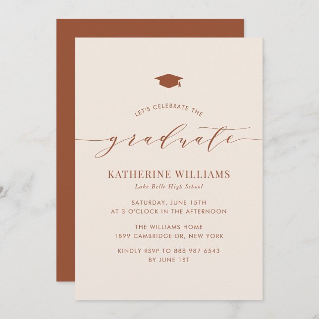 Boho Minimalist Script Terracotta Graduation Party Invitation (Front/Back)