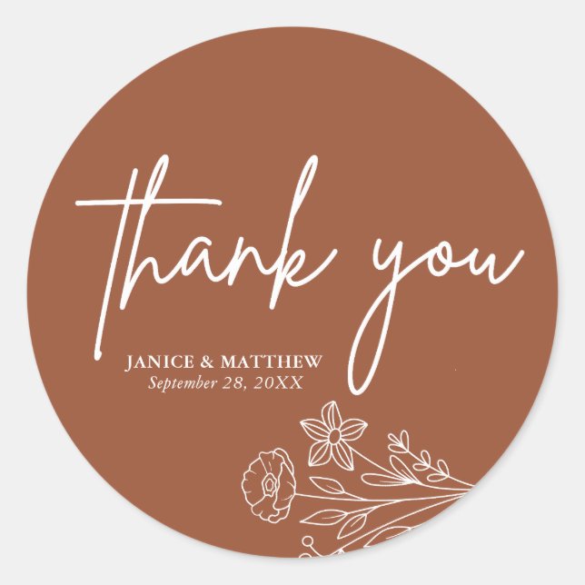 Boho Minimalist Terracotta Thank You Wedding Favor Classic Round Sticker (Front)