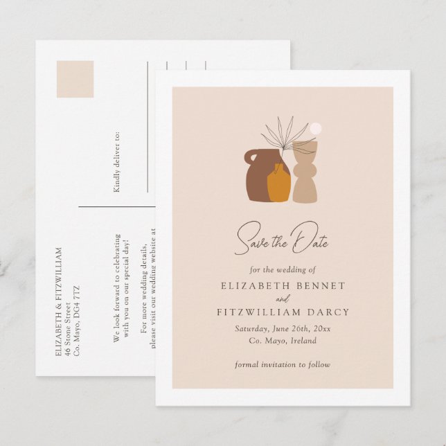 Boho Minimalist Vases Save the Date  Announcement Postcard (Front/Back)