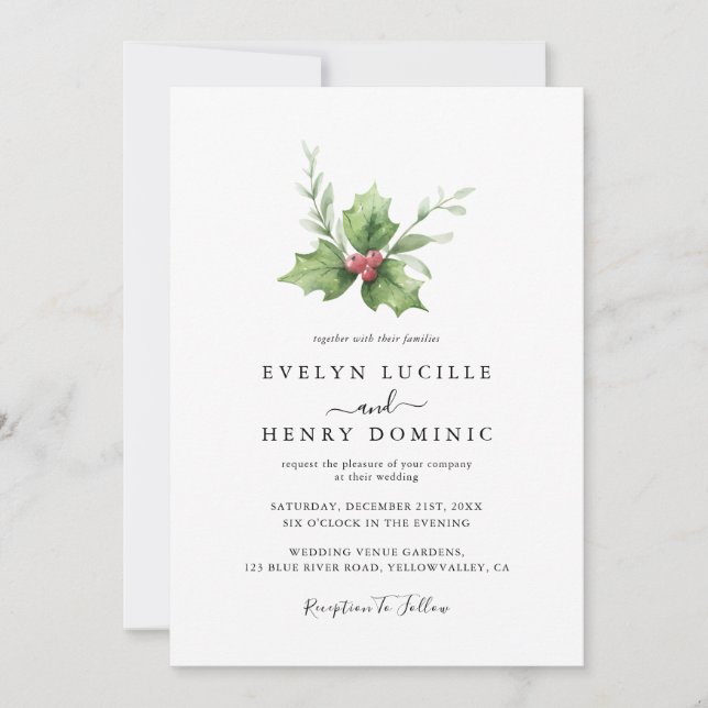 Boho Minimalist Winter Greenery Christmas Wedding Invitation (Front)