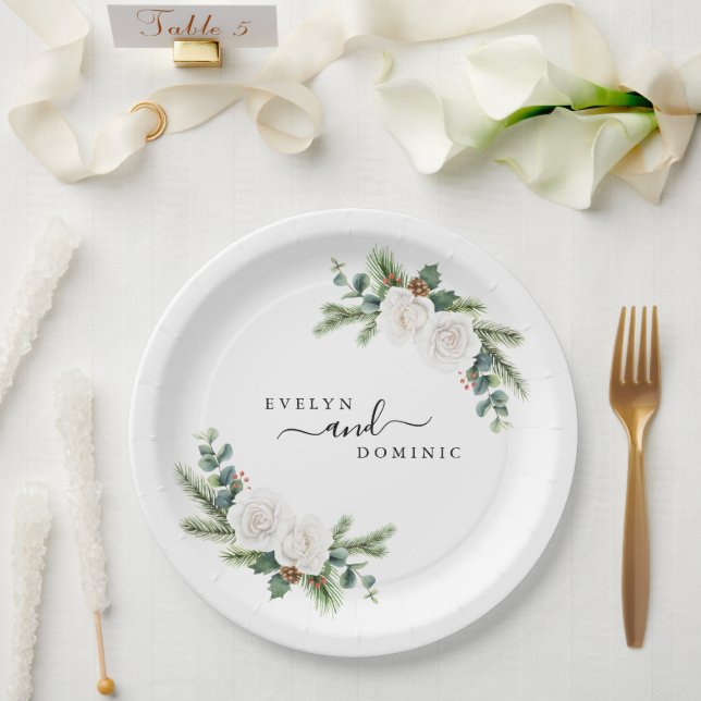 Boho Minimalist Winter Greenery Evergreen Wedding Paper Plates (Wedding)