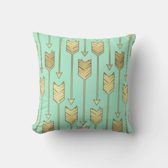 Boho Mint and Faux Gold Arrows Pattern Throw Pillow (Front)