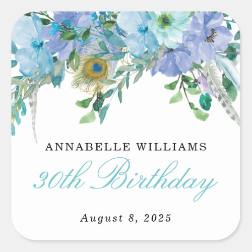 Boho Mint Floral Green Blue Watercolor Birthday Square Sticker