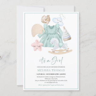 Boho mint girl dress wooden toys pink rainbow invitation