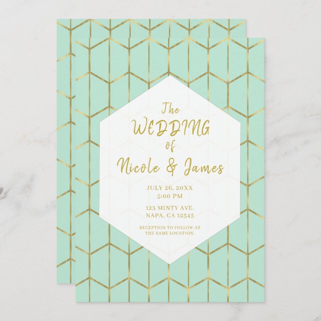 Boho Mint Green Hexagon Gold Geometric Wedding Invitation (Front/Back)