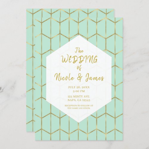 Boho Mint Green Hexagon Gold Geometric Wedding Invitation