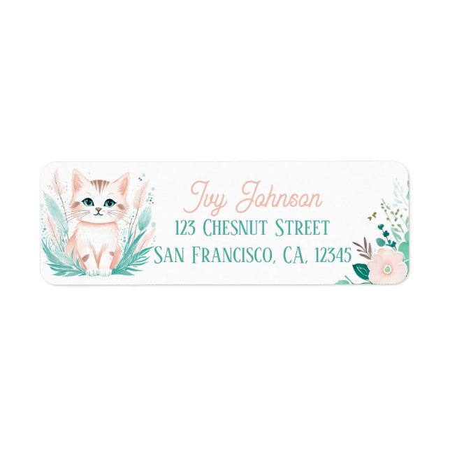Boho Mint Green Kitten Return Address Labels  (Front)
