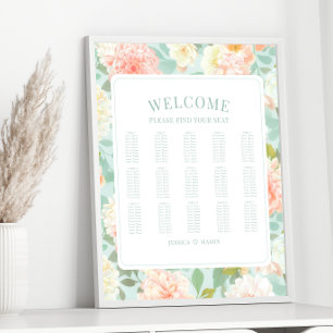 Boho Mint Pink Peony Flower Wedding Seating Chart
