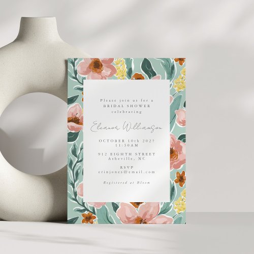 Boho Mint Sage Green Painted Floral Bridal Shower Invitation
