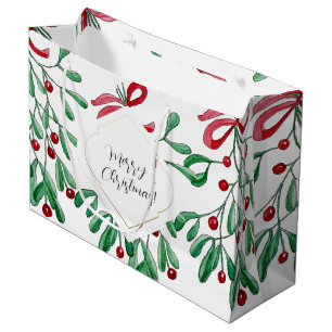 Boho Mistletoe Watercolor Monogrammed Large Gift Bag