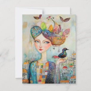Boho Mixed Media Girl and Bird in Village Card