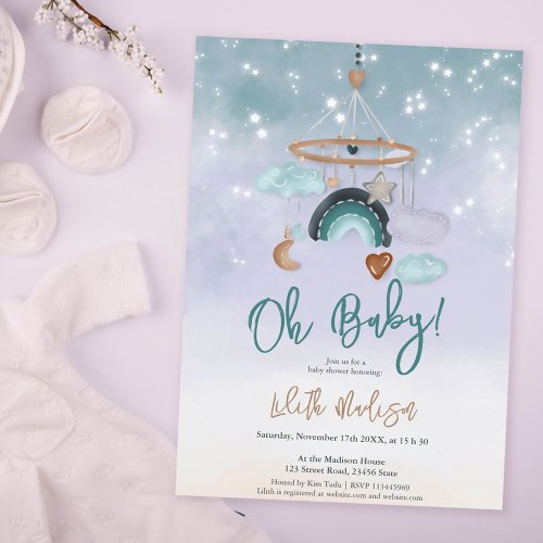 Boho mobile crib rainbow clouds stars baby shower invitation