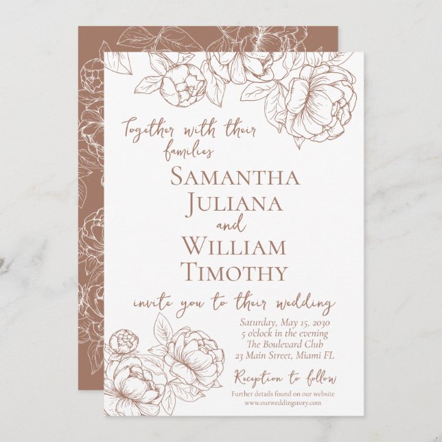 Boho Mocha Mousse Floral Elegant Modern Wedding Invitation (Front/Back)
