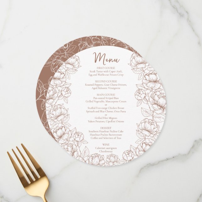 Boho Mocha Mousse Floral Modern Round Wedding Menu (Front/Back In Situ)