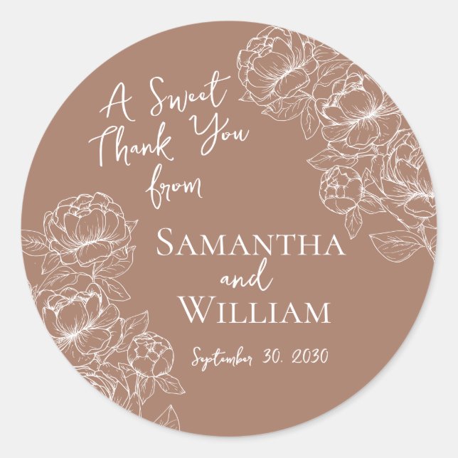 Boho Mocha Mousse Floral Wedding Thank You Favor Classic Round Sticker (Front)