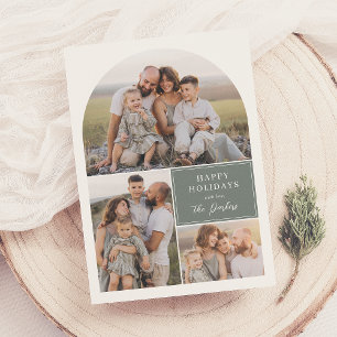 Boho Modern 3 Photo Collage Arch Christmas Photo Holiday Card