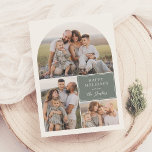 Boho Modern 4 Photo Collage Arch Christmas Photo Holiday Card<br><div class="desc">Make your Christmas cards stand out with this minimal boho design, featuring an arch-shaped photo collage with three of your favorite photos and a custom greeting. A sage green panel highlights your family name in elegant handwritten script calligraphy. The back features a fourth landscape photo with space for a personal...</div>