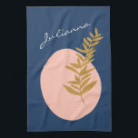 Boho Modern Abstract Botanical Art Blue Custom Kitchen Towel<br><div class="desc">This stylish kitchen dish towel features a pretty boho botanical illustration with abstract shapes in pink,  blue,  and gold. Personalize it with your name. Great gift idea!</div>