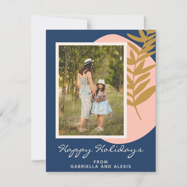 Boho Modern Abstract Botanical Blue Custom Photo Holiday Card (Front)