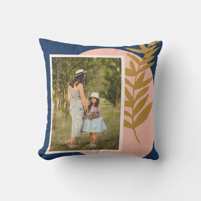 Boho Modern Abstract Botanical Blue Custom Photo Throw Pillow (Front)