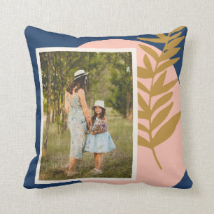 Boho Modern Abstract Botanical Blue Custom Photo Throw Pillow