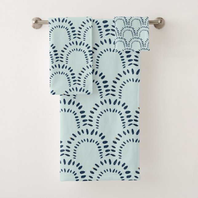 Boho Modern Abstract Lines Brushstrokes Aqua Bath Towel Set (Insitu)