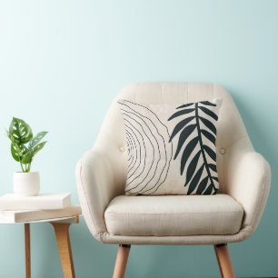 Boho, Modern, And Trendy Black Leaves And Circle Throw Pillow
