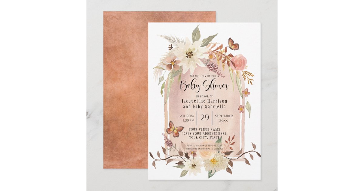 BOHO Modern Arch Fall Floral Autumn Butterfly Invi Invitation | Zazzle
