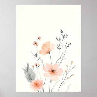 Boho Modern Art. Soft Blush Floral Sketch Poster