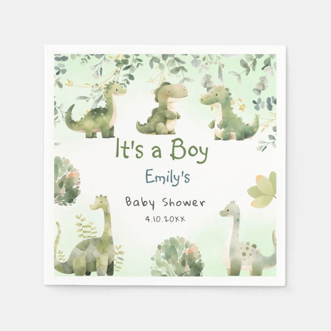 Boho Modern Boho Watercolor Dinosaur Greenery Boy  Napkins (Front)
