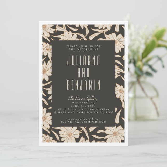 Boho Modern Botanical Black and Ivory Wedding Invitation (Standing Front)