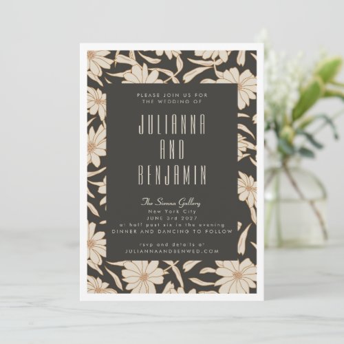 Boho Modern Botanical Black and Ivory Wedding Invitation