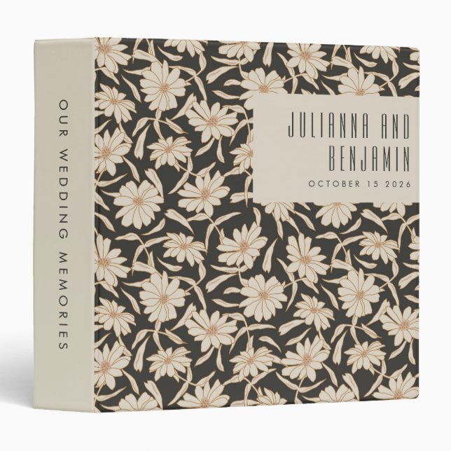Boho Modern Botanical Black Ivory Custom Wedding 3 Ring Binder (Front/Spine)