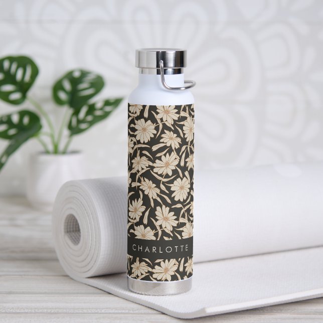 Boho Modern Botanical Black Ivory Personalized Water Bottle (Yoga)