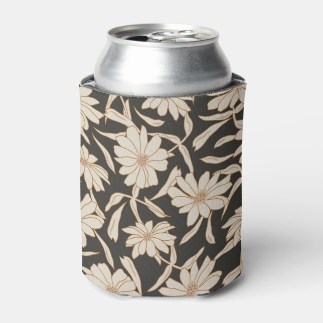 Boho Modern Botanical Black Ivory Wedding Can Cooler (Can Front)