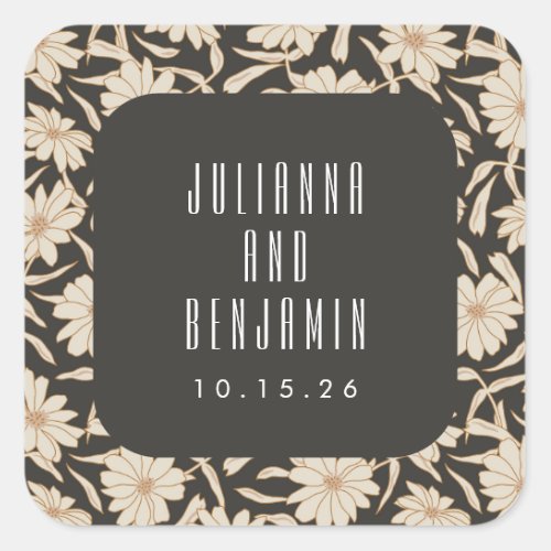 Boho Modern Botanical Black Ivory Wedding Custom Square Sticker