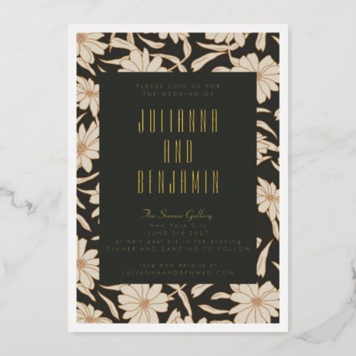 Boho Modern Botanical Black Ivory Wedding Gold Foil Invitation