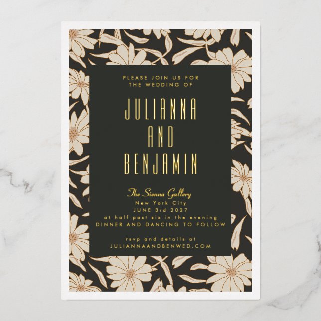 Boho Modern Botanical Black Ivory Wedding Gold Foil Invitation (Front)